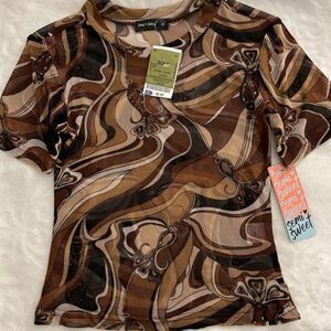 Abstract Brown Mesh Sheer Top X Small